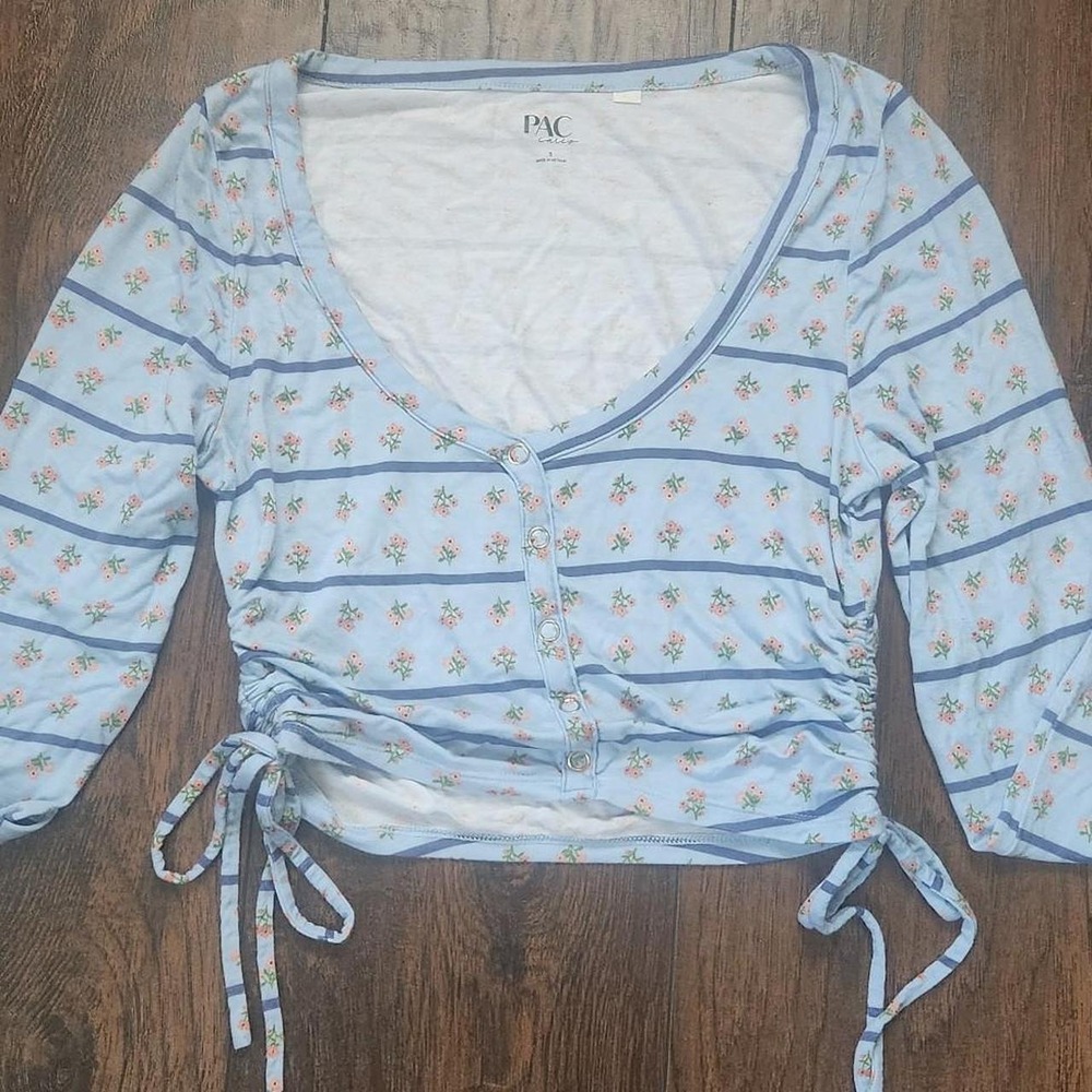PacSun PacCares Blue Floral Striped Tie Front Ruched Crop Blouse Small
